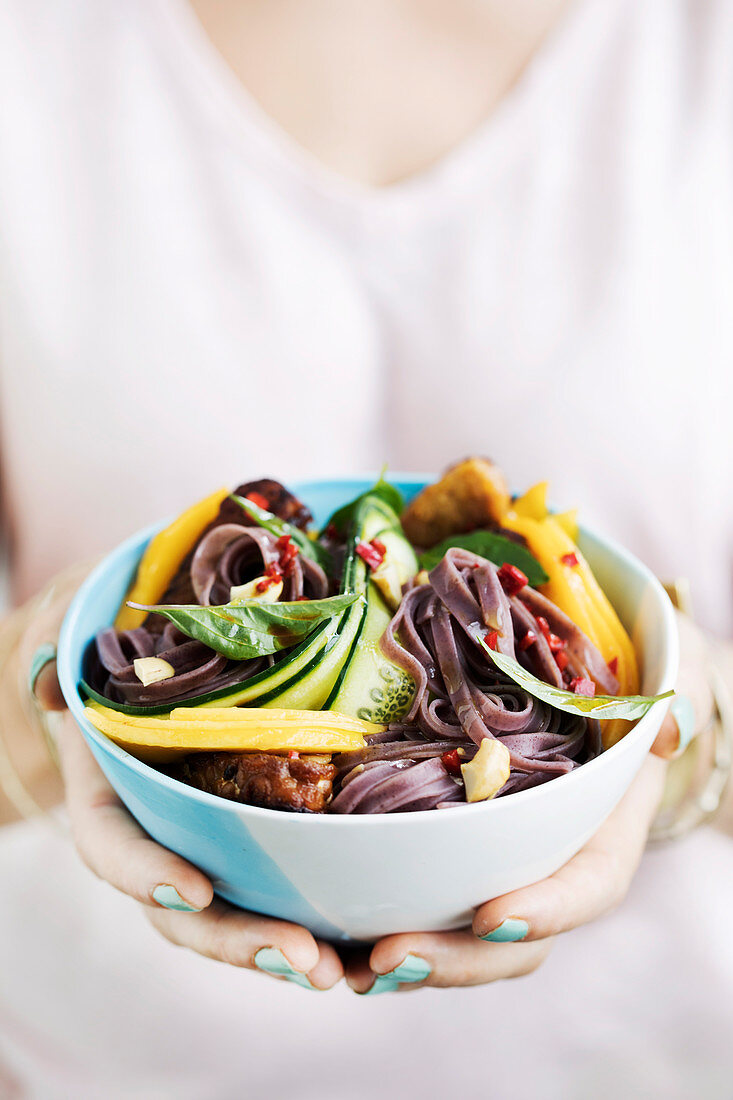 Vegan black rice noodle salad with mango and tempeh