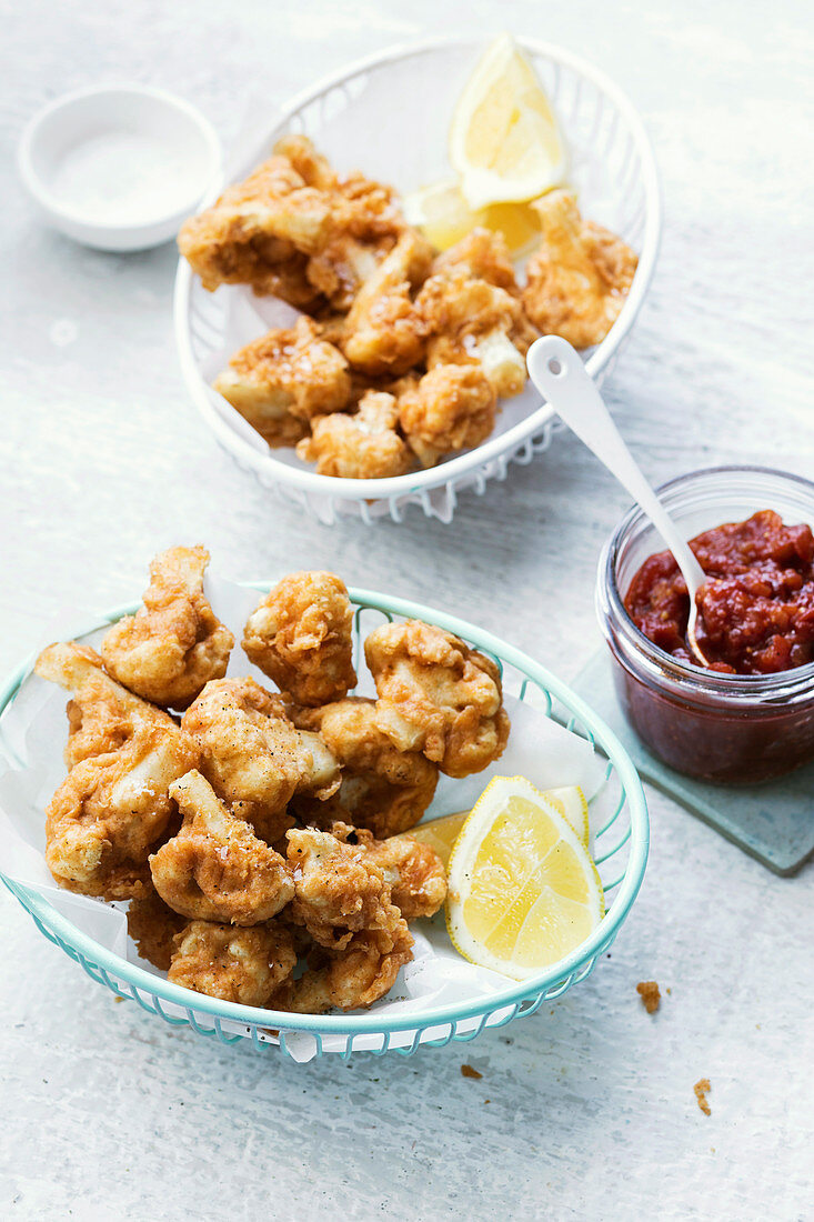 Veganer Popcorn-Blumenkohl mit würziger Tomatensauce