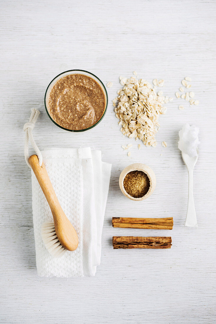 Ingredients for vegan exfoliating oat meal mask