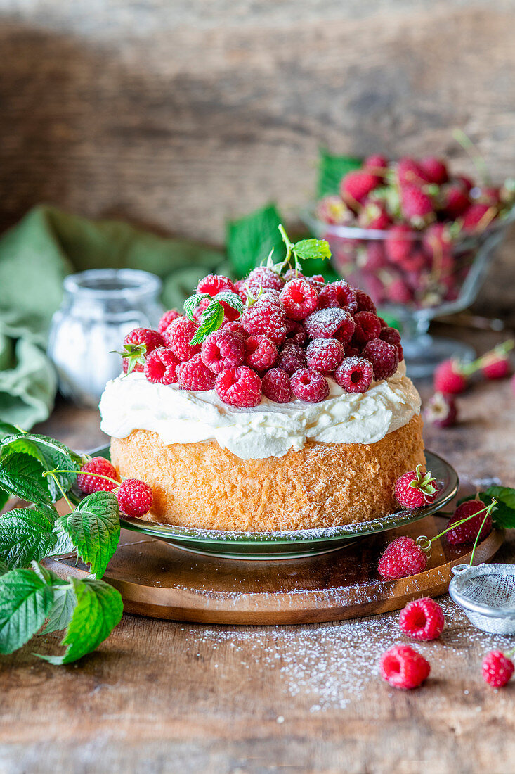Raspberry cake with sour cream and vanilla sponge