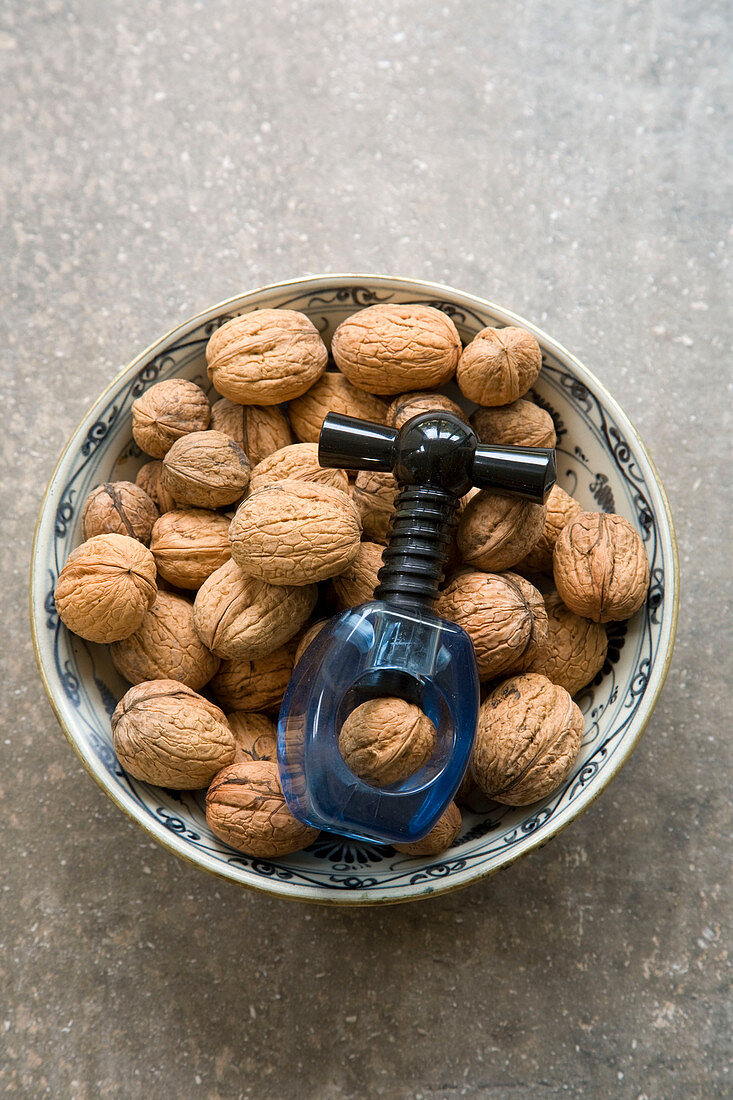 Bowl of walnuts with nut cracker