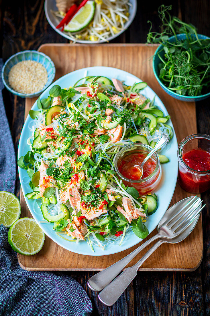 Glass noodle and salmon salad with veggies and herbs
