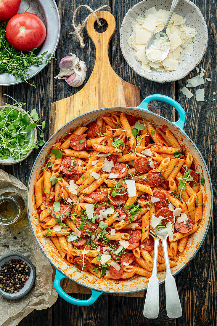 Pasta with chorizo and tomatoes