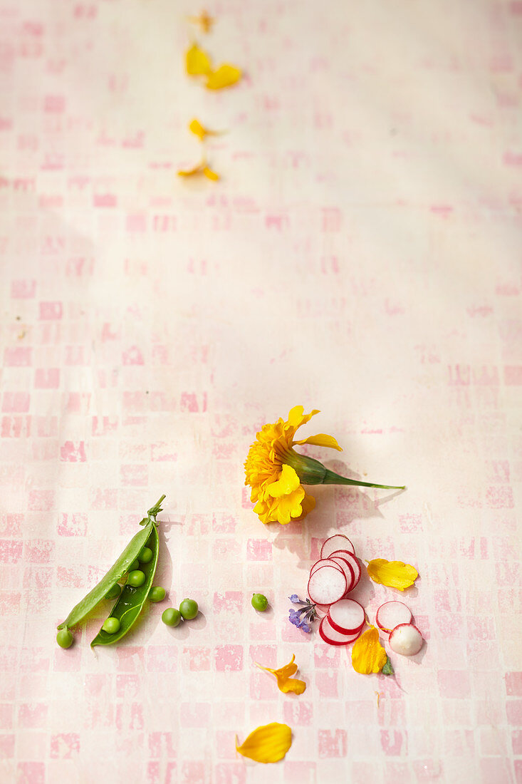 Pea pod, radish slices and edible flowers