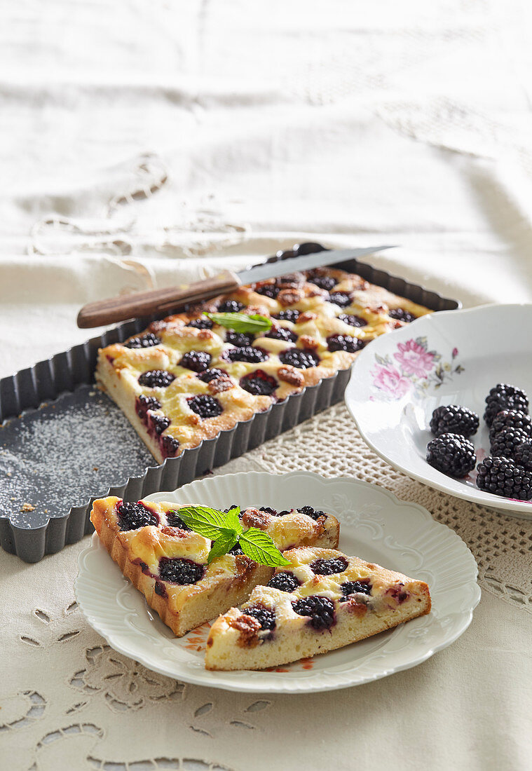 Kefir cake with blackberries and marchpane