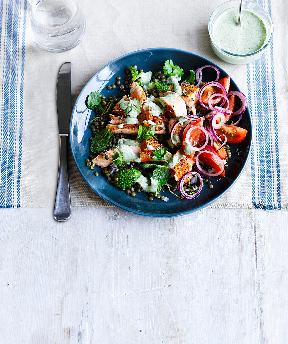 Indian salmon with Puy lentils and herb yoghurt