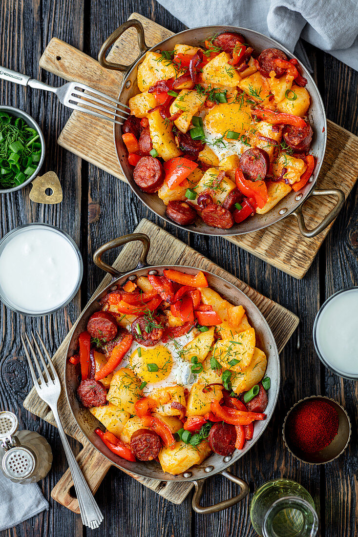 Potato, chorizo, pepper and egg bake