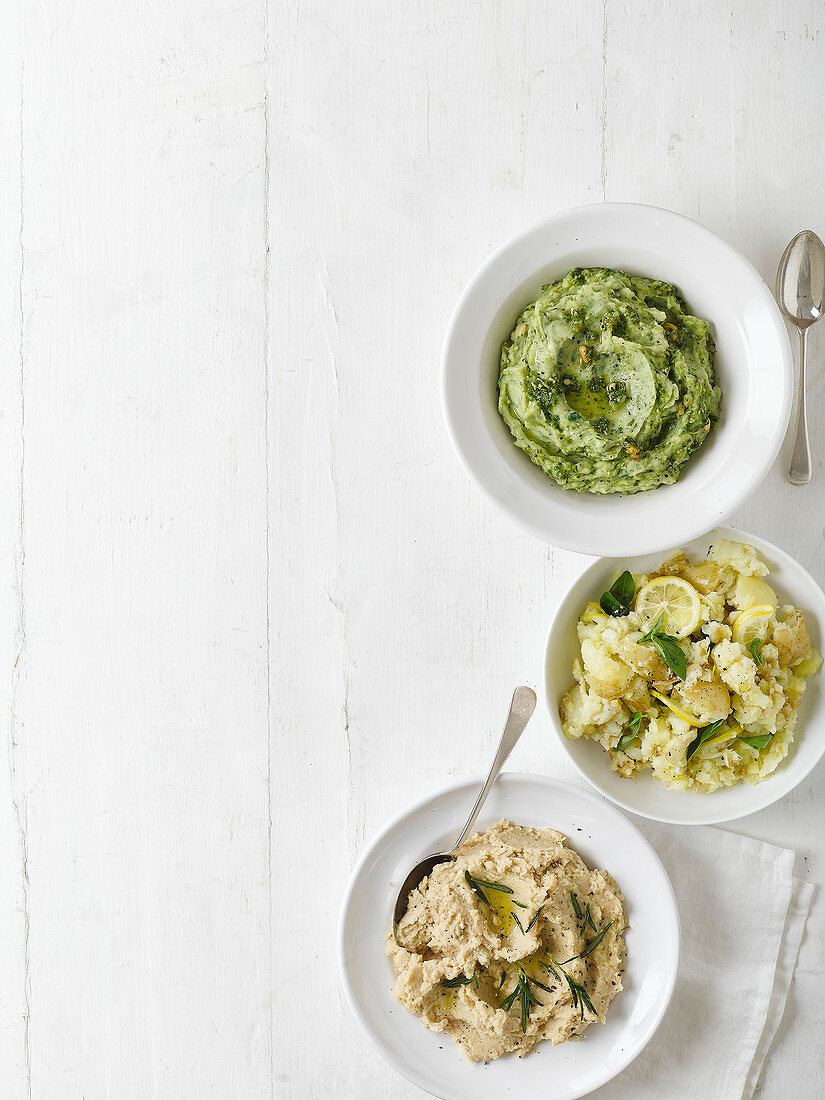Healthy sides - smashed jersey royals with basil and lemon, butterbean mash, green mash