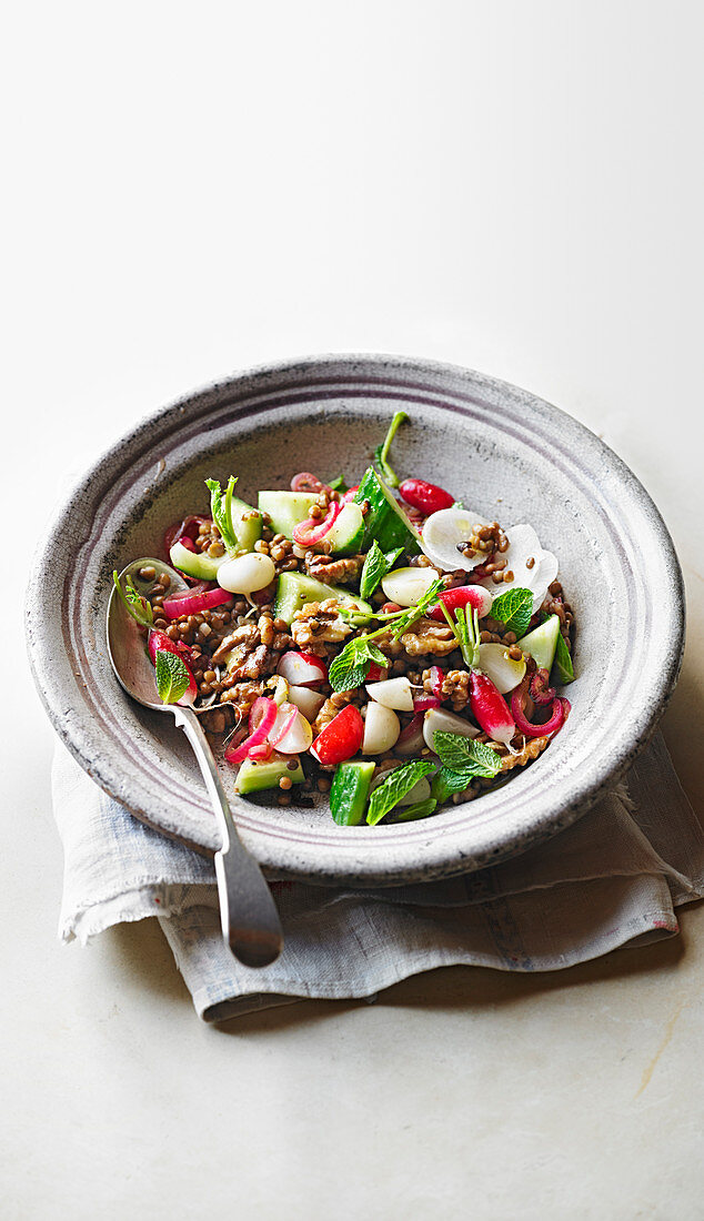 Radieschen-Linsen-Salat mit Minze und Walnüssen