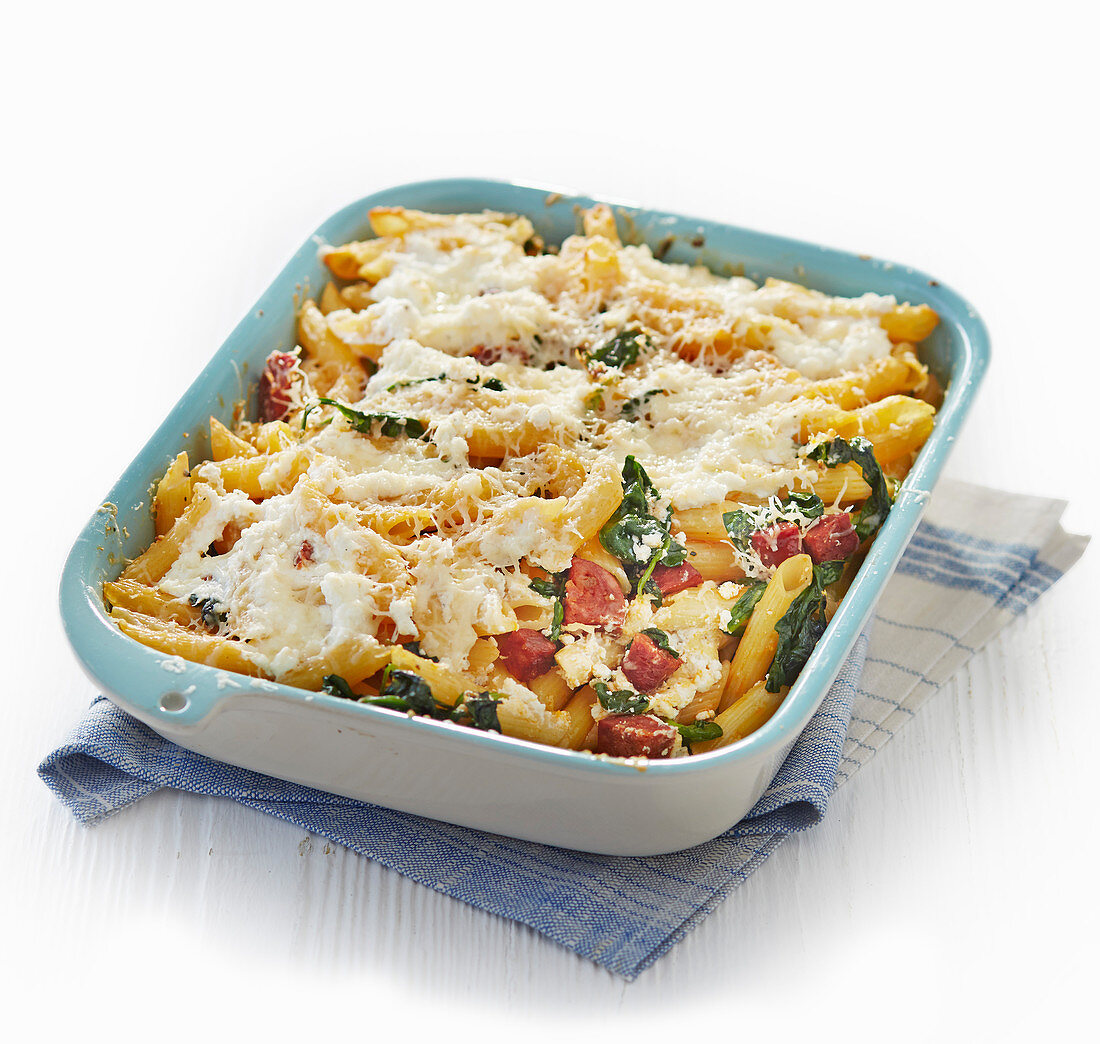 Chorizo, ricotta and spinach pasta bake