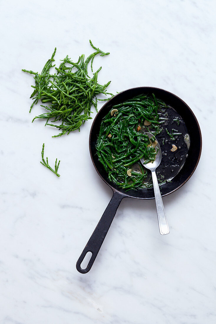 Fried samphire in a pan