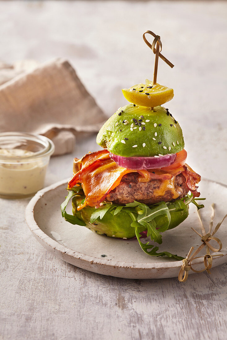 Avocado burger with bacon