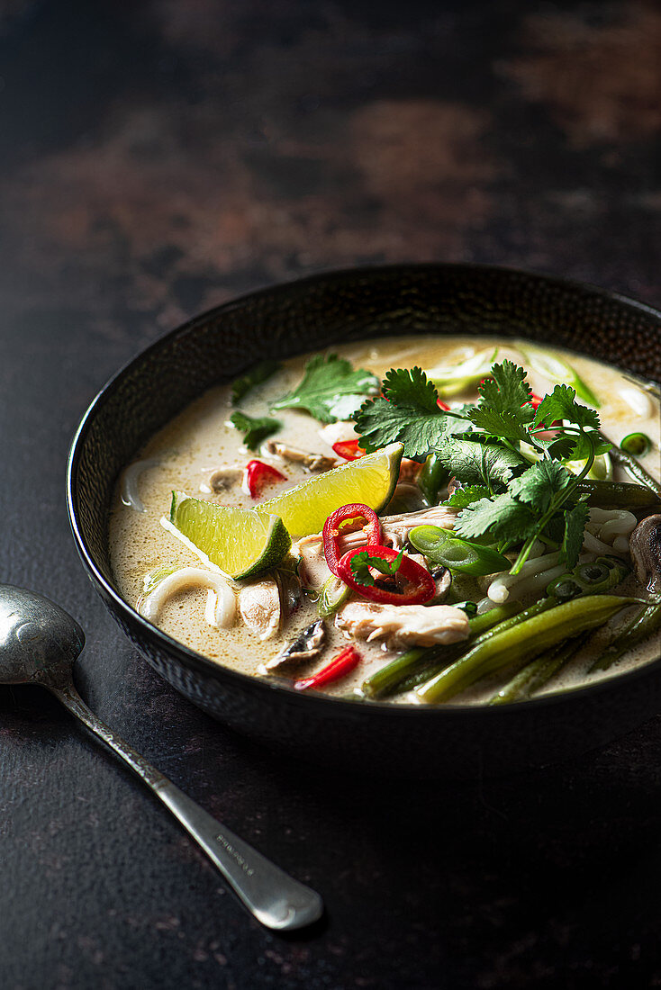Thai hot and sour chicken soup with coconut milk, lime leaves, lemon grass, chilli and coriander