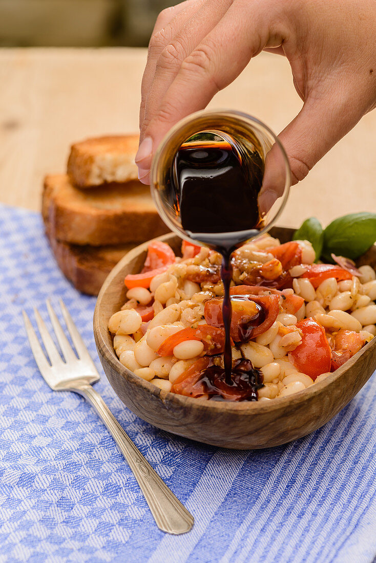 Italian-style white bean salad covered with balsamic dressing