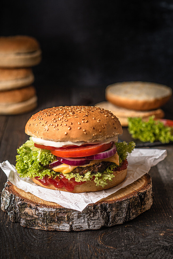 Classic cheeseburger with tomatoes, red onions and mayonnaise