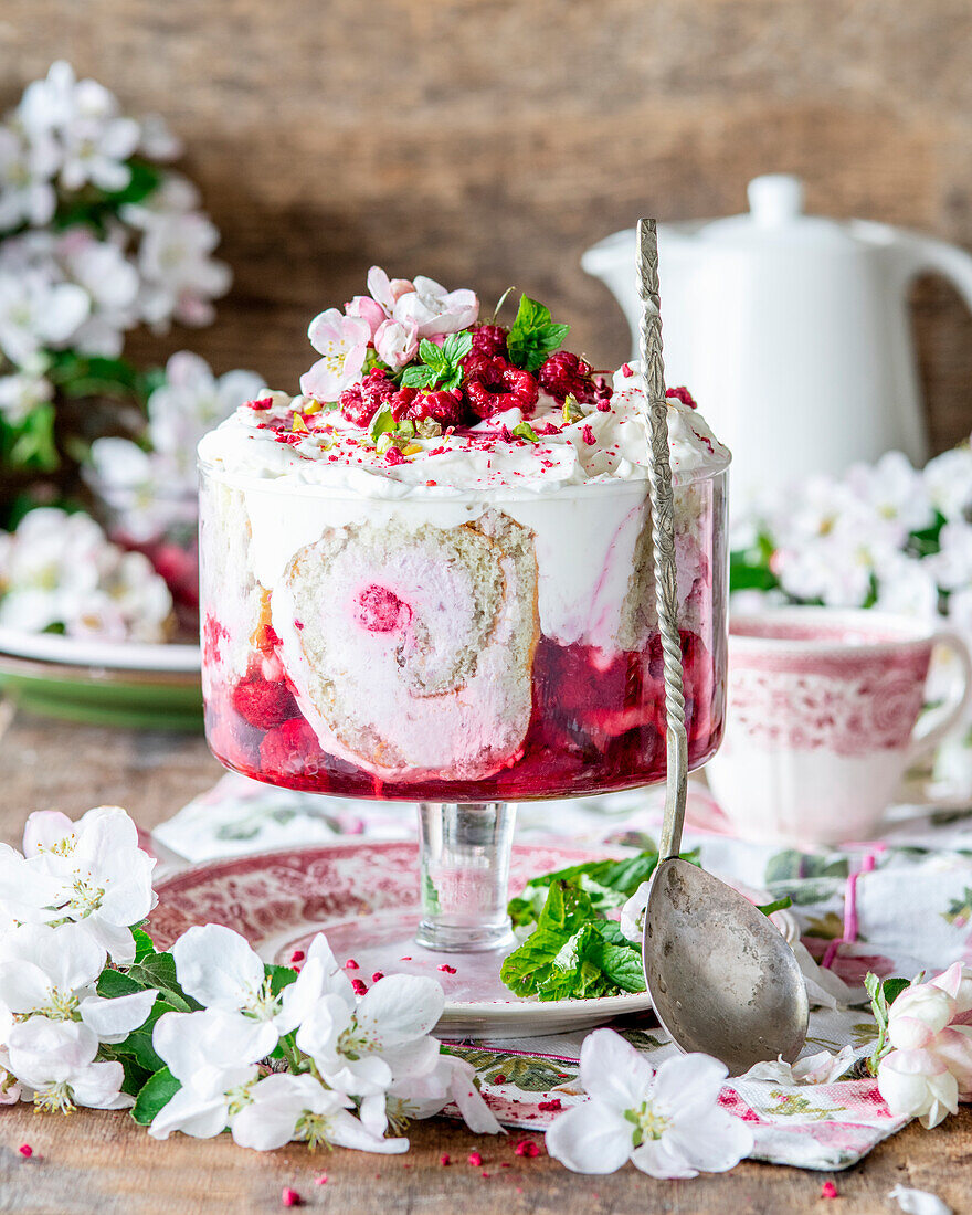 Raspberry trifle made with sponge roll