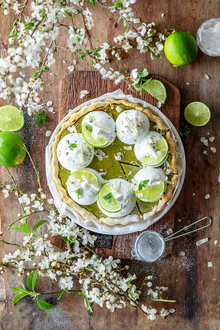 Spring lime pie with meringue and white chocolate