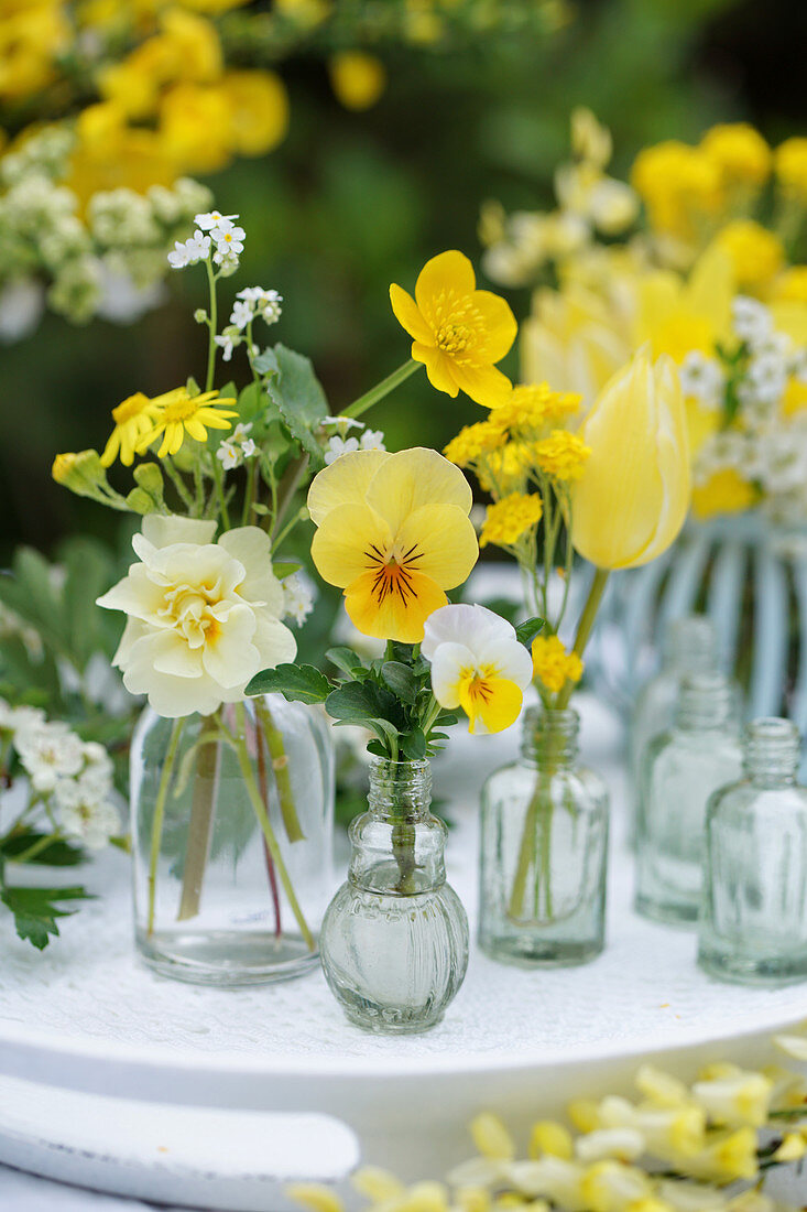 Small bottles with spring flowers: horned violet, daffodil, buttercup, tulip, white forget-me-not, and ragwort