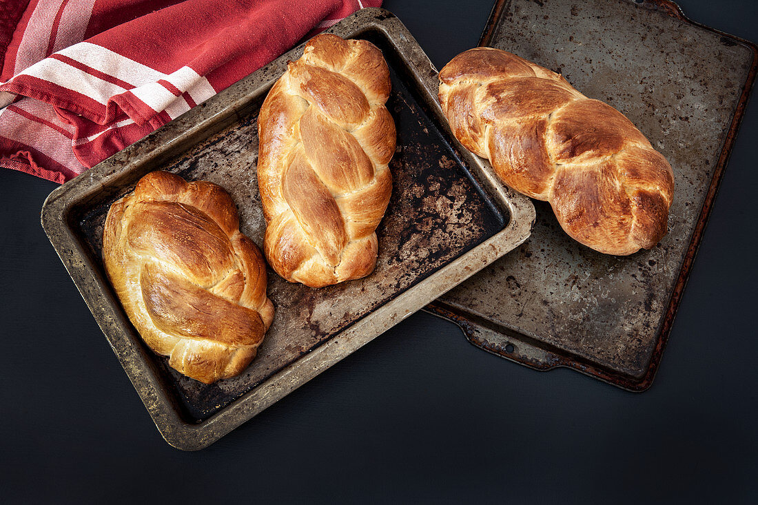 High Angle View of Braided Challah Breads
