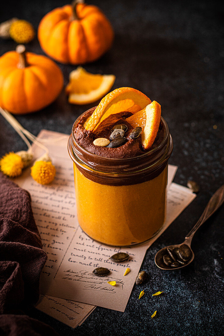 Millet pumpkin pudding with chocolate, oranges and honey