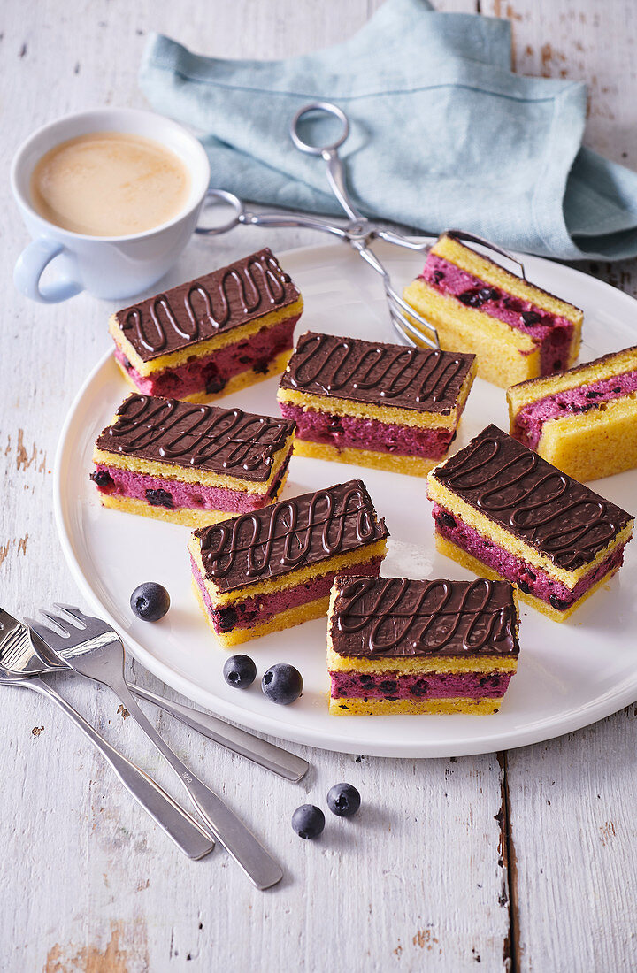 Blueberry and chocolate slices
