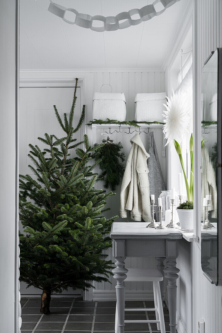 Small table below window, coat rack and undecorated Christmas tree in hallway