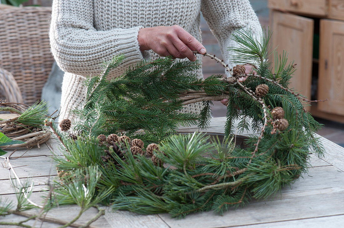 Kranz mit Weihnachtssternen und Koniferenzweigen