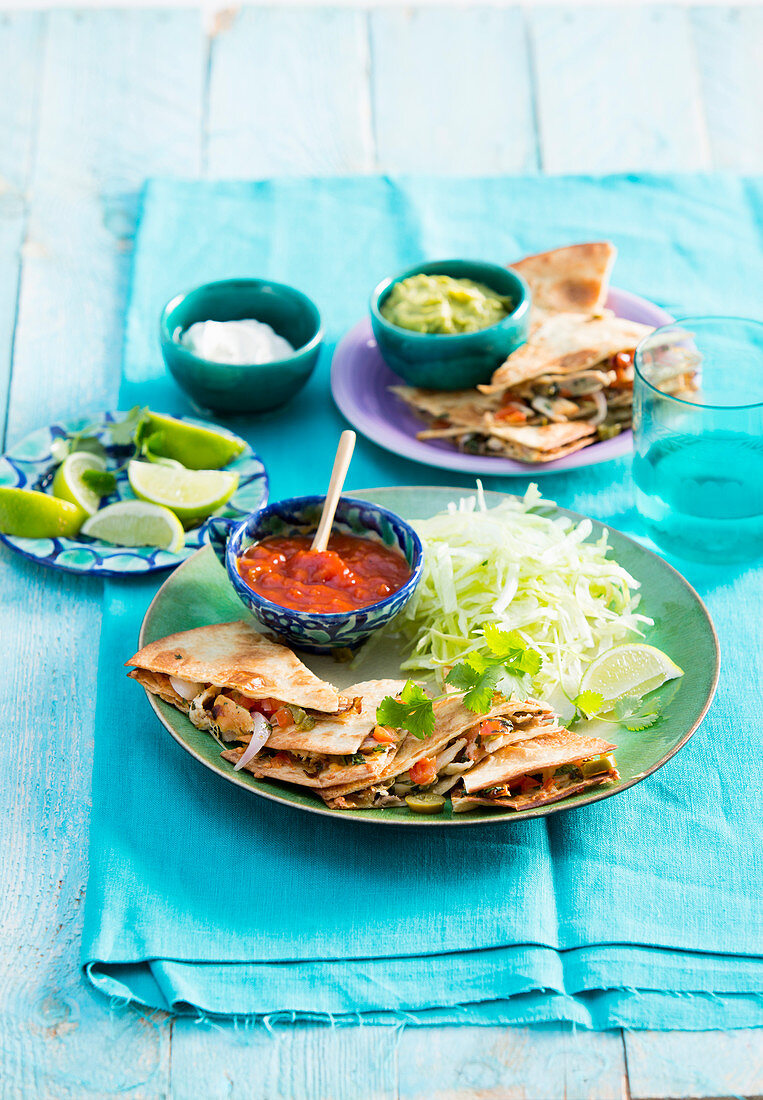 Quesadillas with cabbage salad and salsa