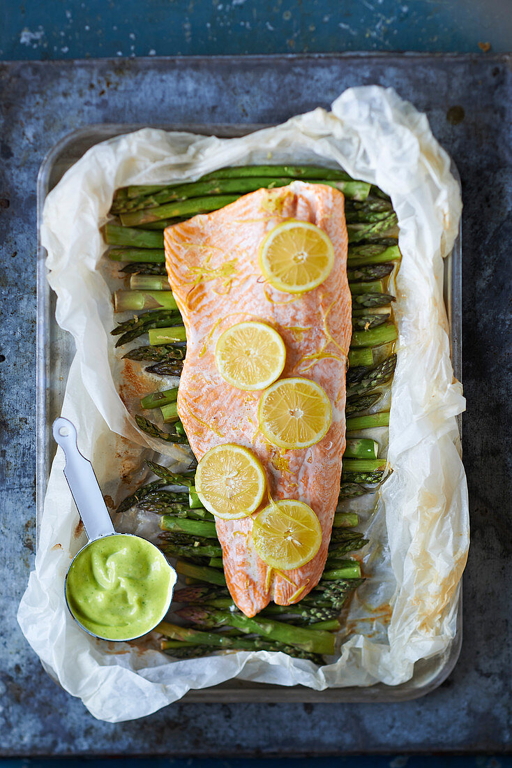 Poached salmon and asparagus with wild garlic mayonnaise