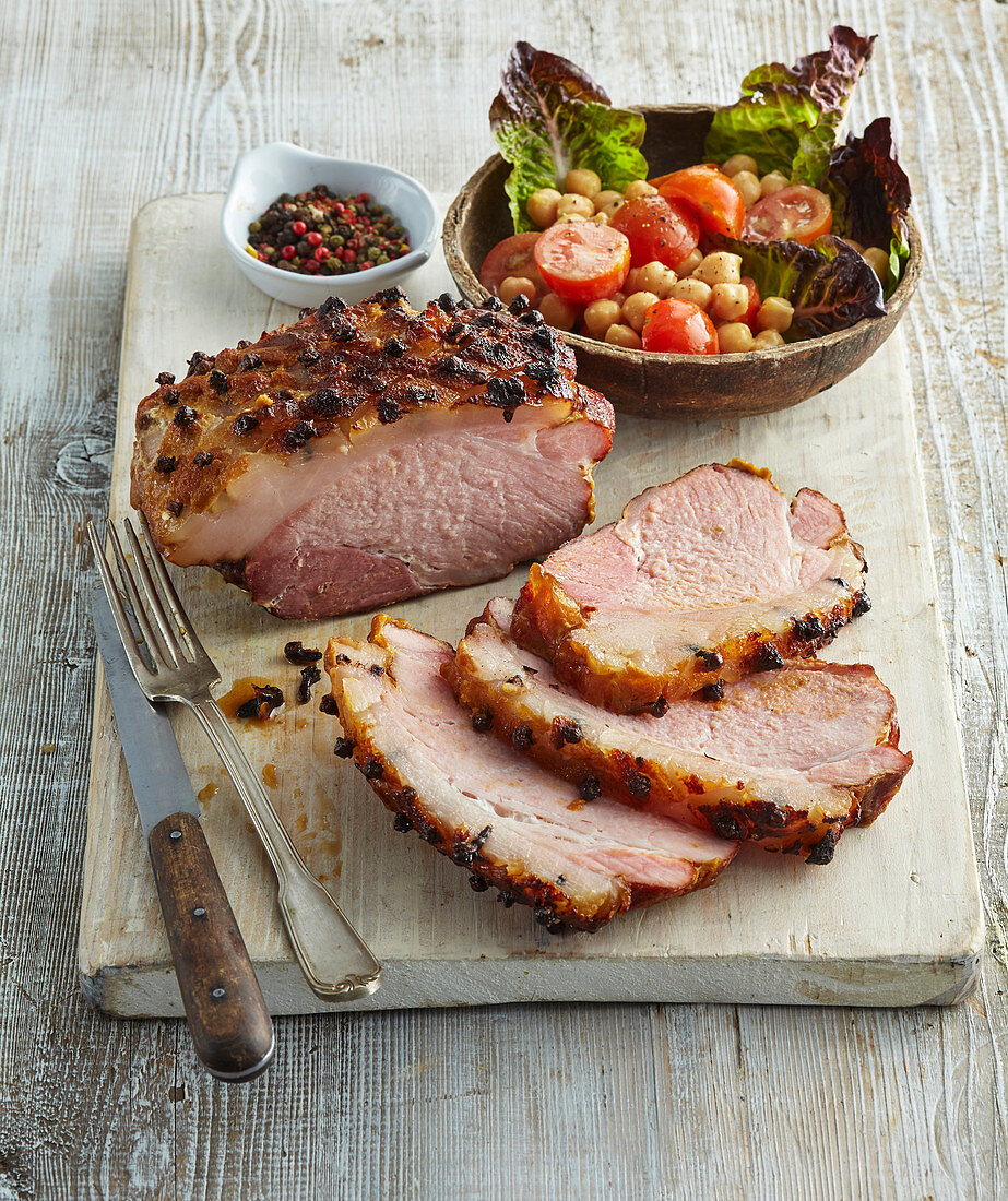 Baked ham with chickpea salad