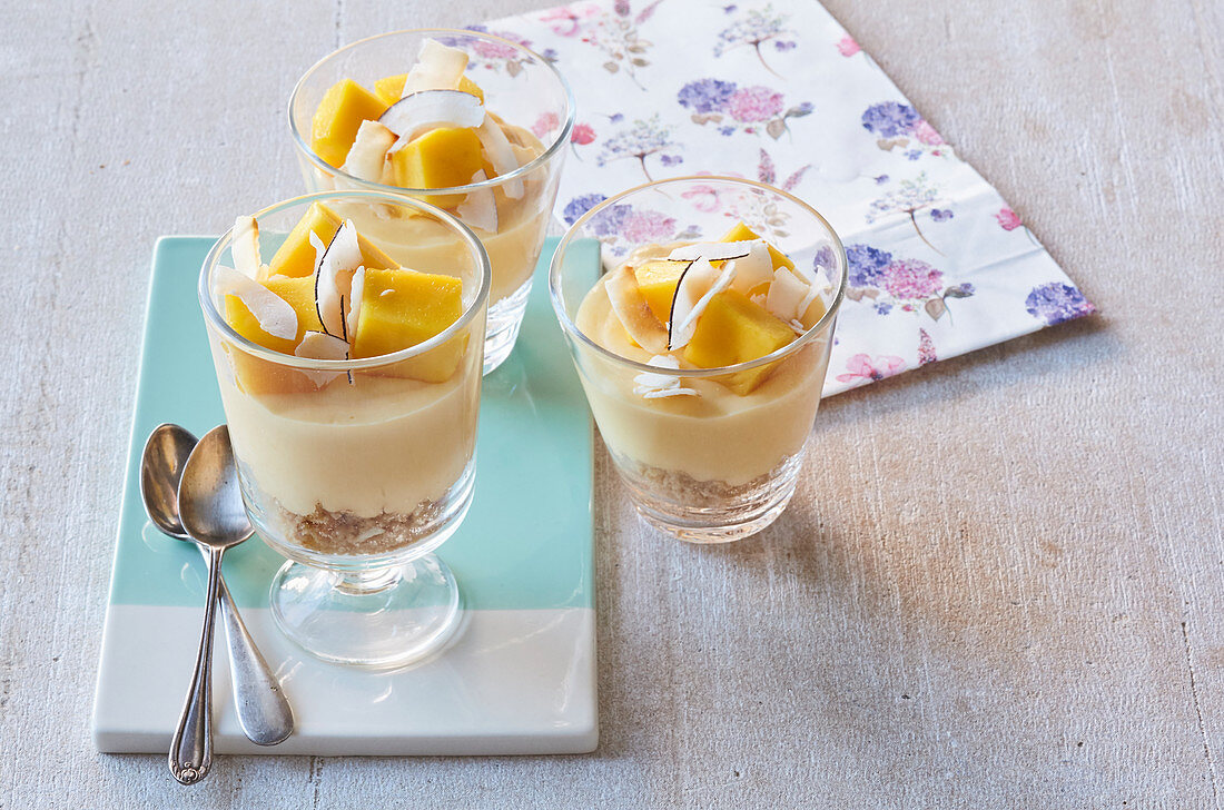 Ginger dessert with coconut cream and mango