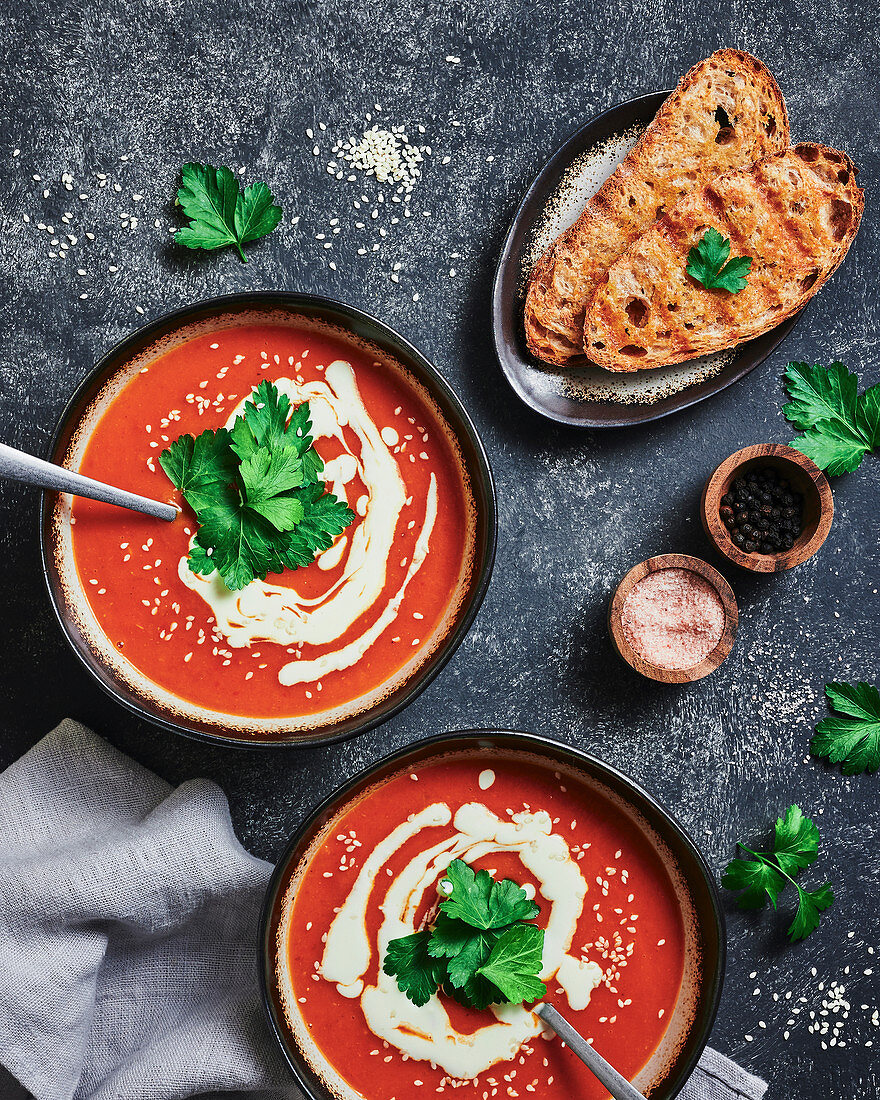Creamy tomato soup and roasted bread