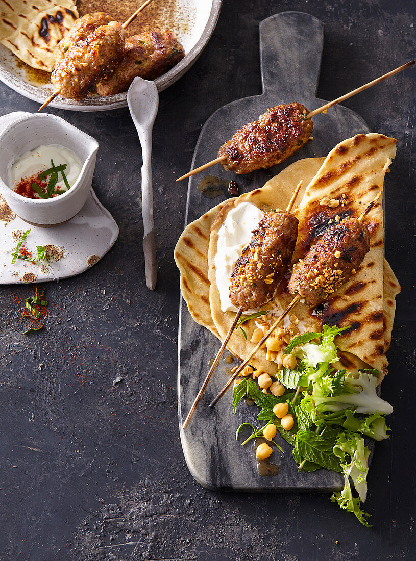 Turkish chicken kebabs with mint yoghurt and unleavened bread