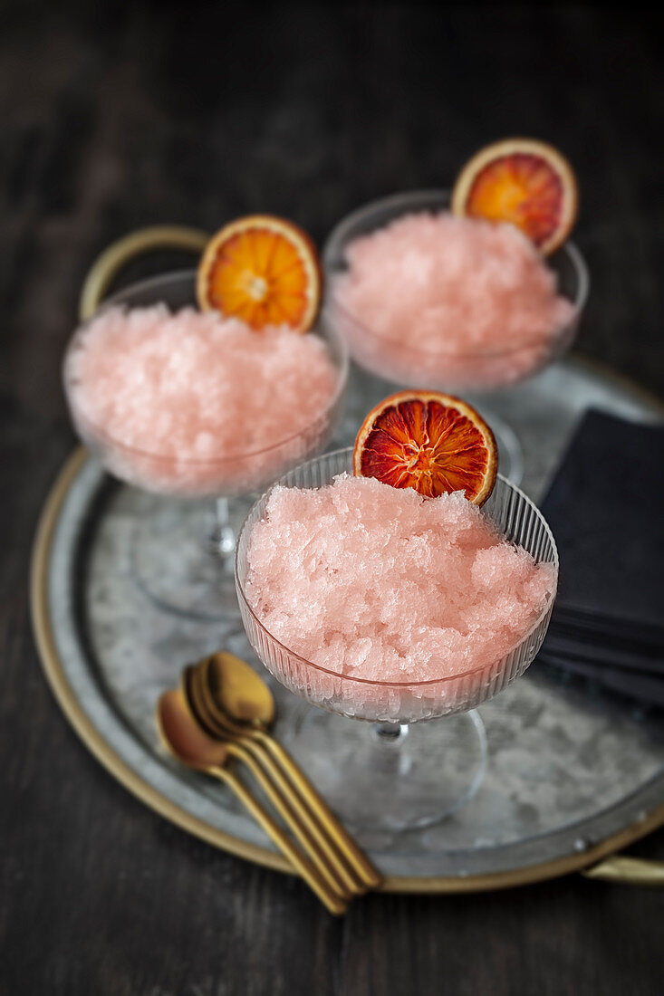 Raspberry and elderflower granita with sparkling wine