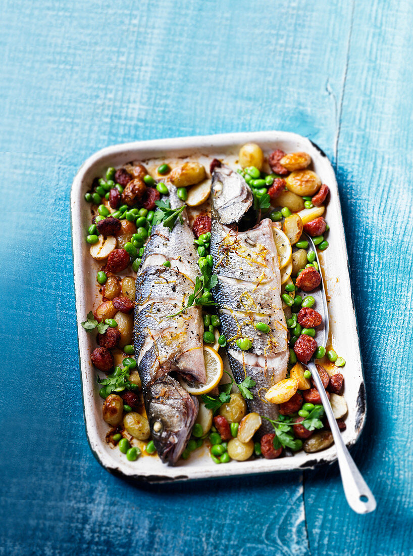 Spanish roast sea bass with broad beans and chorizo