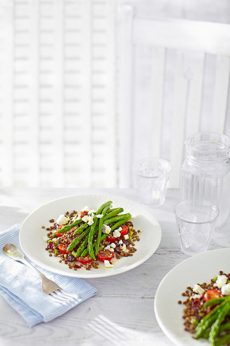 Asparagus and lentil salad with cranberries and crumbled feta