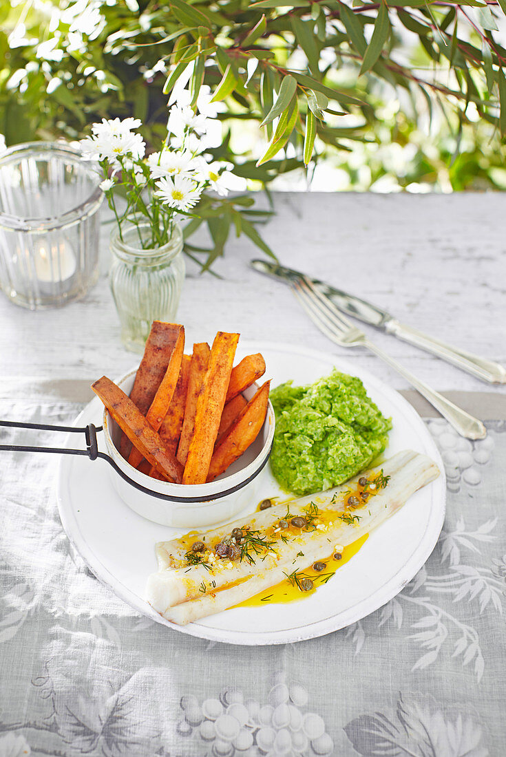 Lemon pollock with sweet potato chips and broccoli mash