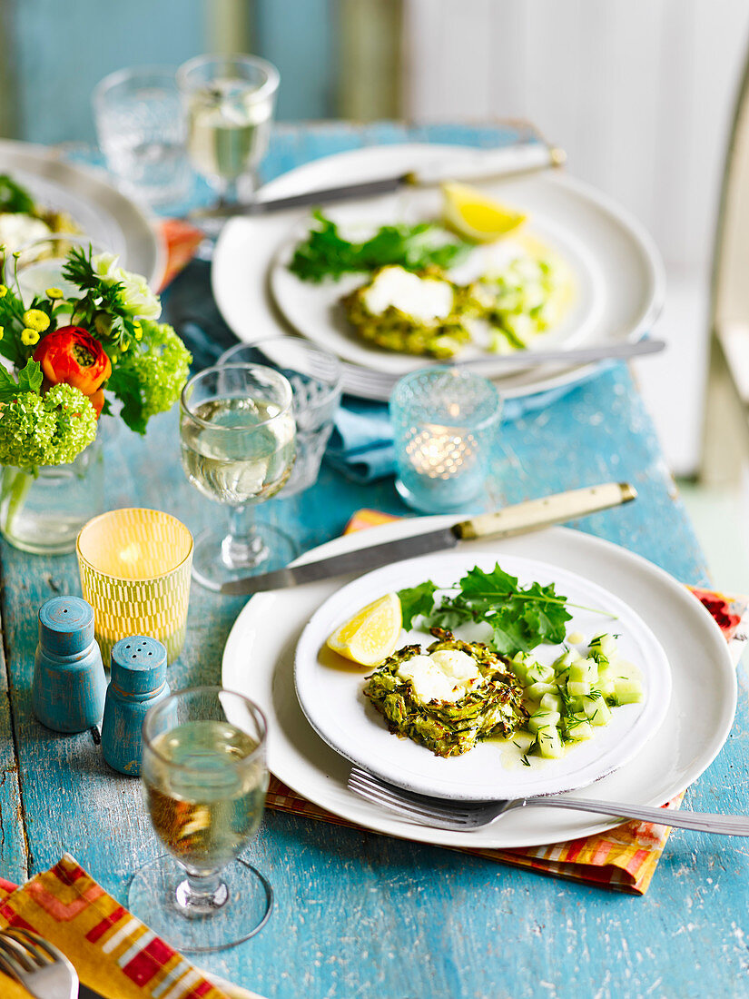 Courgette fritters with dill and cucumber sauce