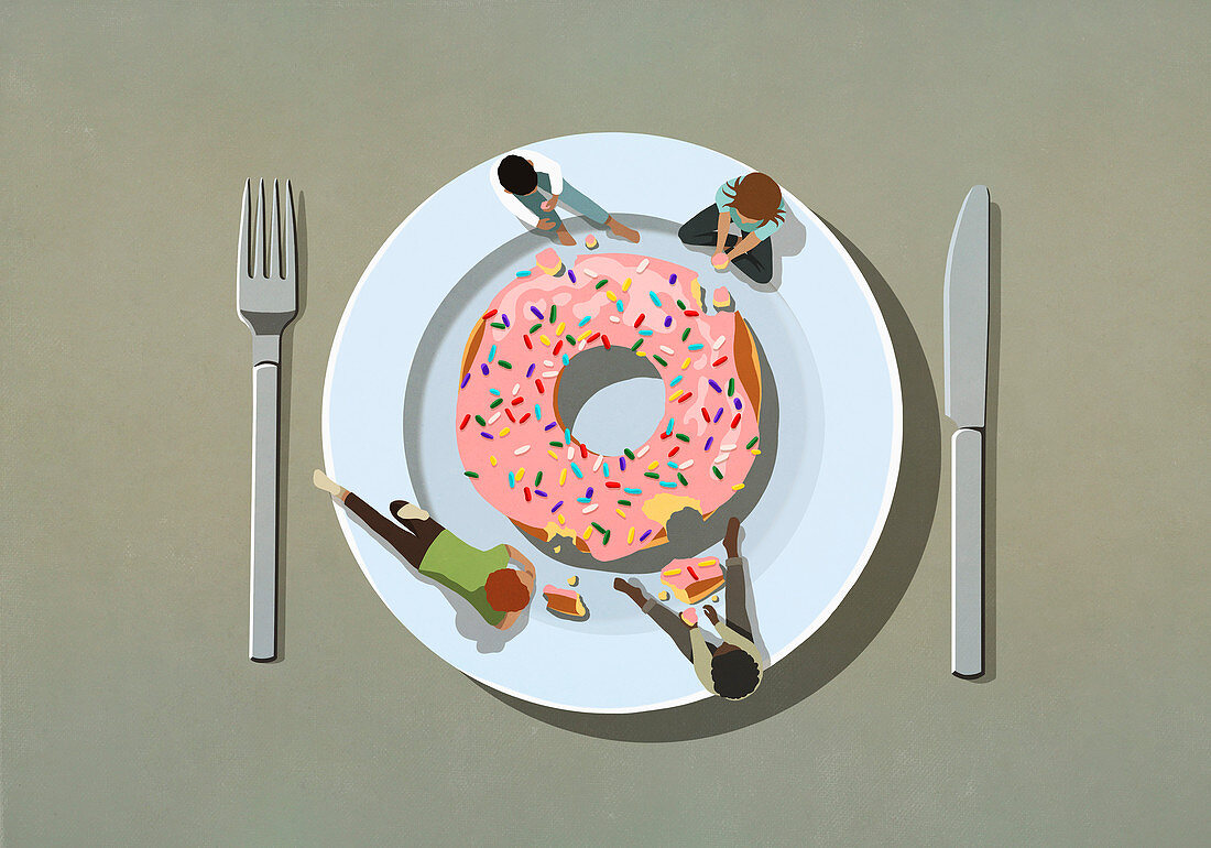 Menschen, die sich großen Donuts auf Teller gönnen (Illustration)