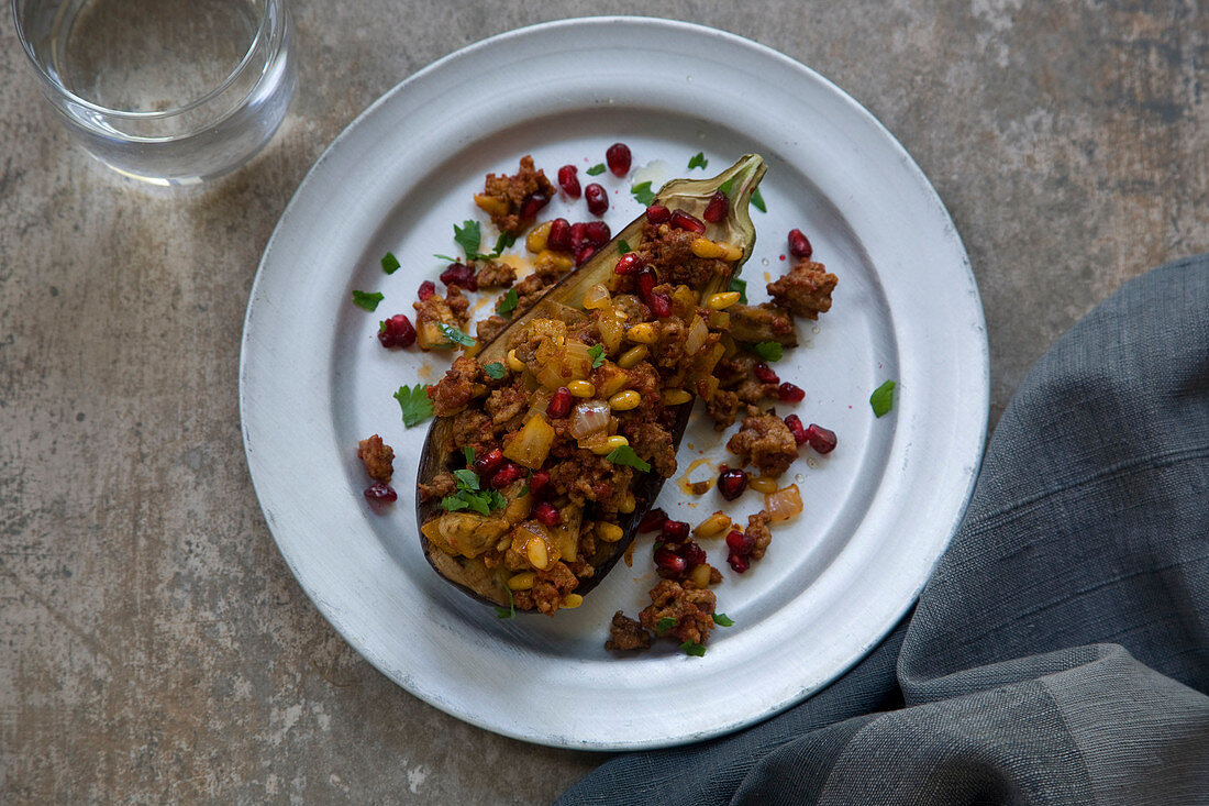 Filled eggplant with lamb and pomegranate