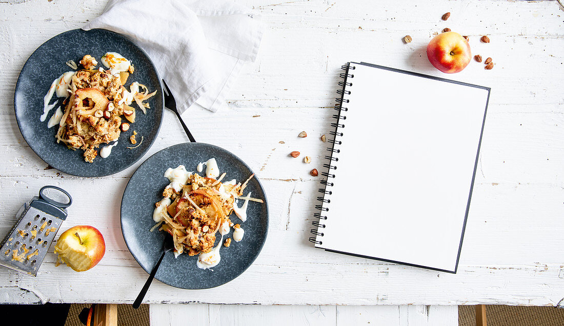 Apple crumble with a yoghurt and orange dip