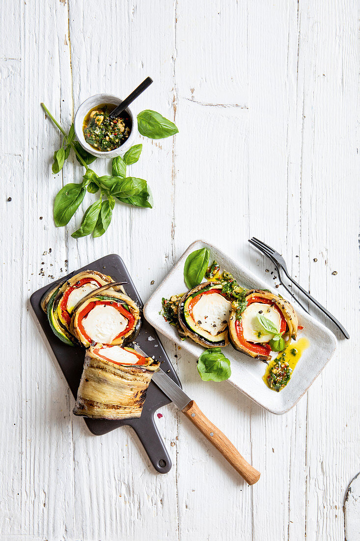 Vegetable roulade with goat's cream cheese and parsley oil