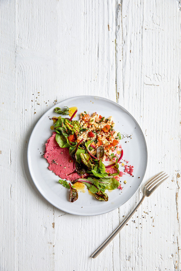 Beetroot hummus with cauliflower couscous