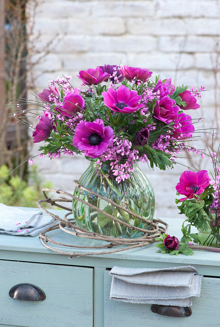 Spring bouquet of anemones and broom