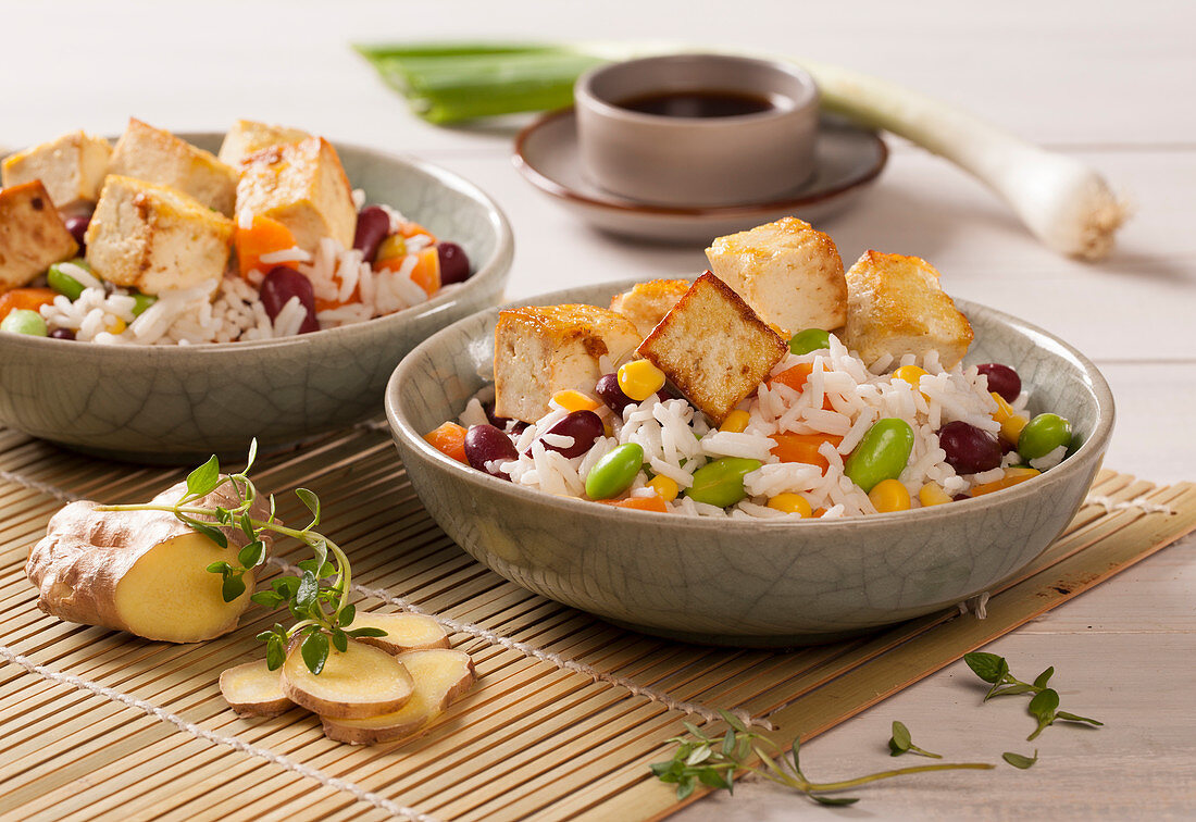 Rice with fried diced tofu, Edamame, sweetcorn and kidney beans