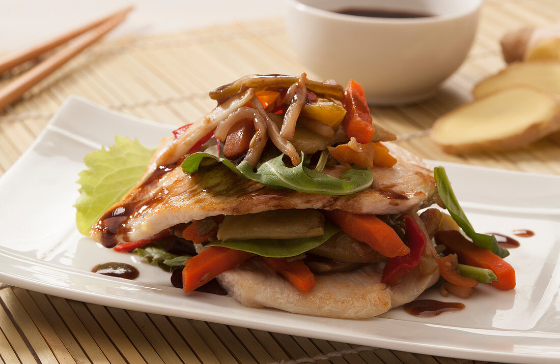 Roasted chicken breast with soya vegetables