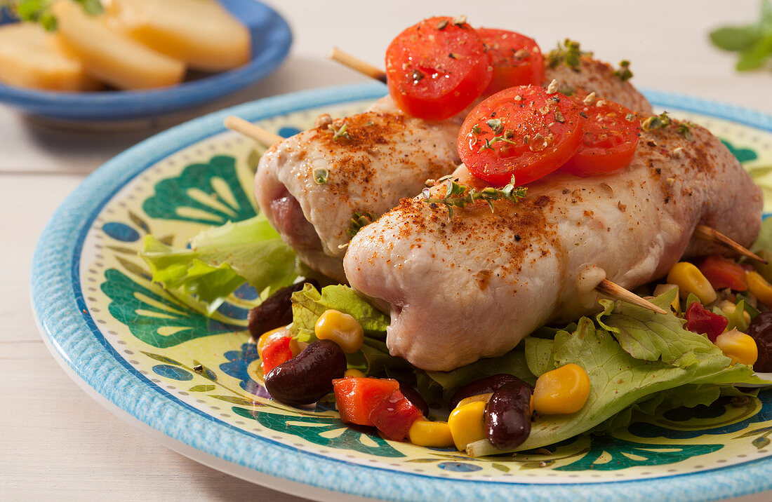 Veal kebab on a bed of Mexican vegetables