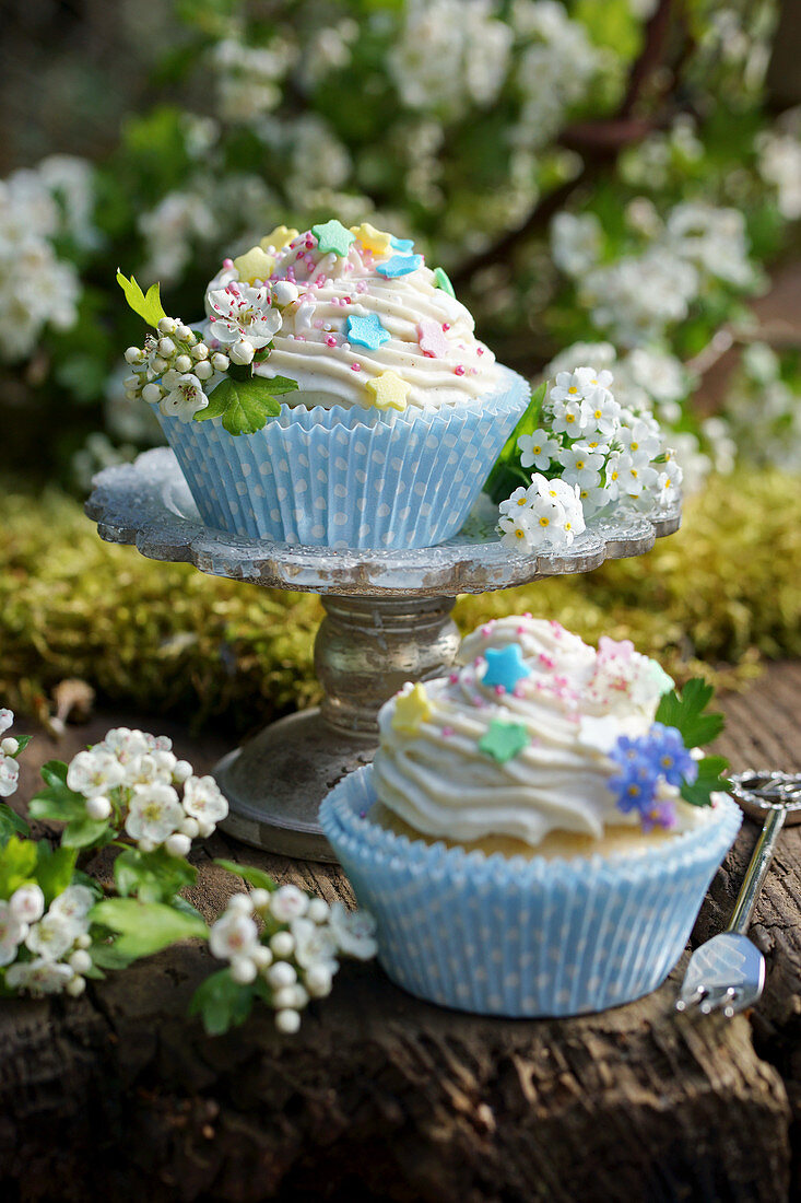 Muffins with a cream cheese topping and hawthorn flowers