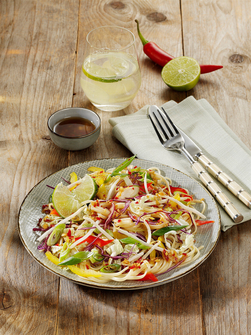 Oriental noodle salad with red cabbage, peppers, Chinese cabbage and bean sprouts
