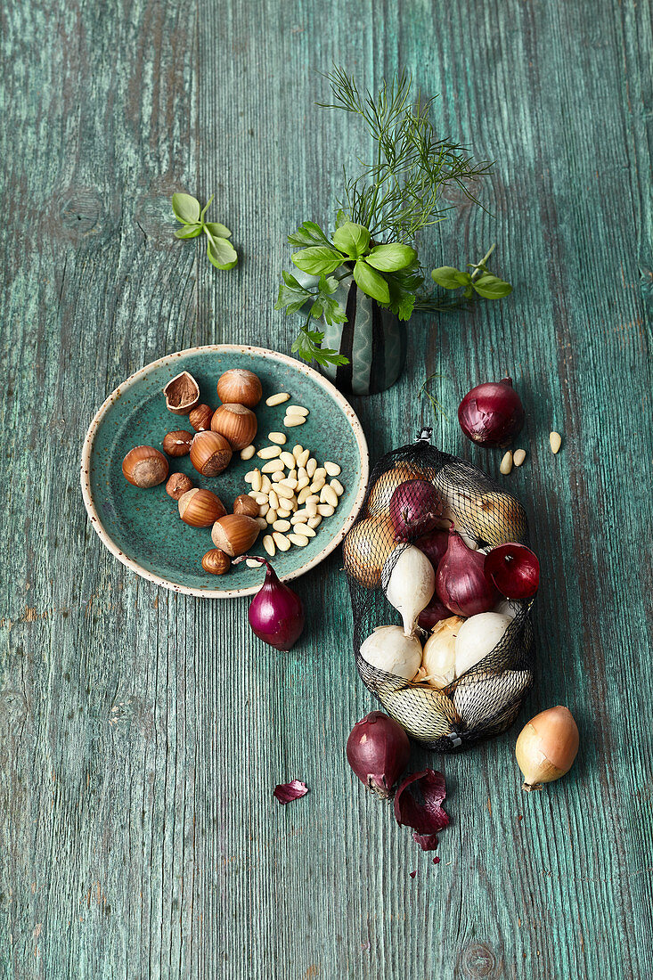 Onions, pine nuts, hazelnuts and fresh herbs